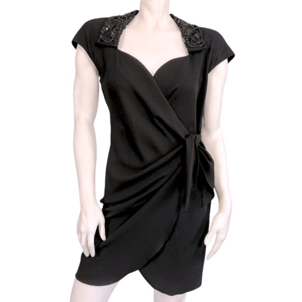 VINTAGE 90’s Kenar Black Sequin Collar Cap Sleeve Wrap Front Cocktail Dress